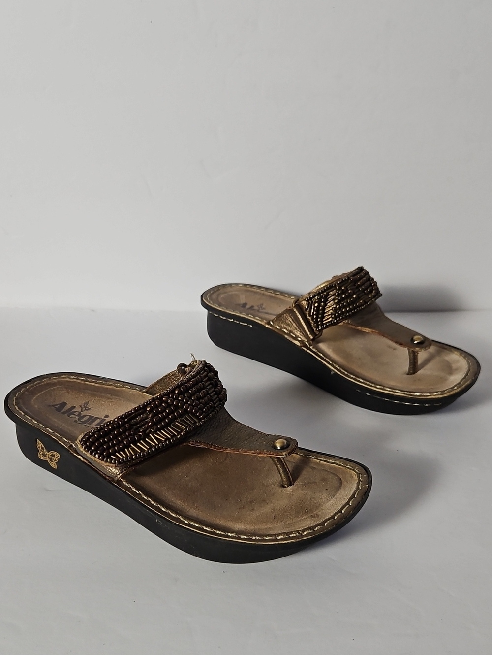 Alegria Metallic Bronze Beaded Wedge Thong Sandals